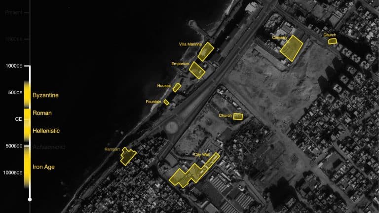 Forensic Architecture, <em>Living Archaeology in Gaza</em>. Map indicating the extent of the excavations undertaken from 1995 to 2005. Courtesy of Forensic Architecture. Satellite image ©CNES (2018), Distribution Airbus DS/Spot Image.