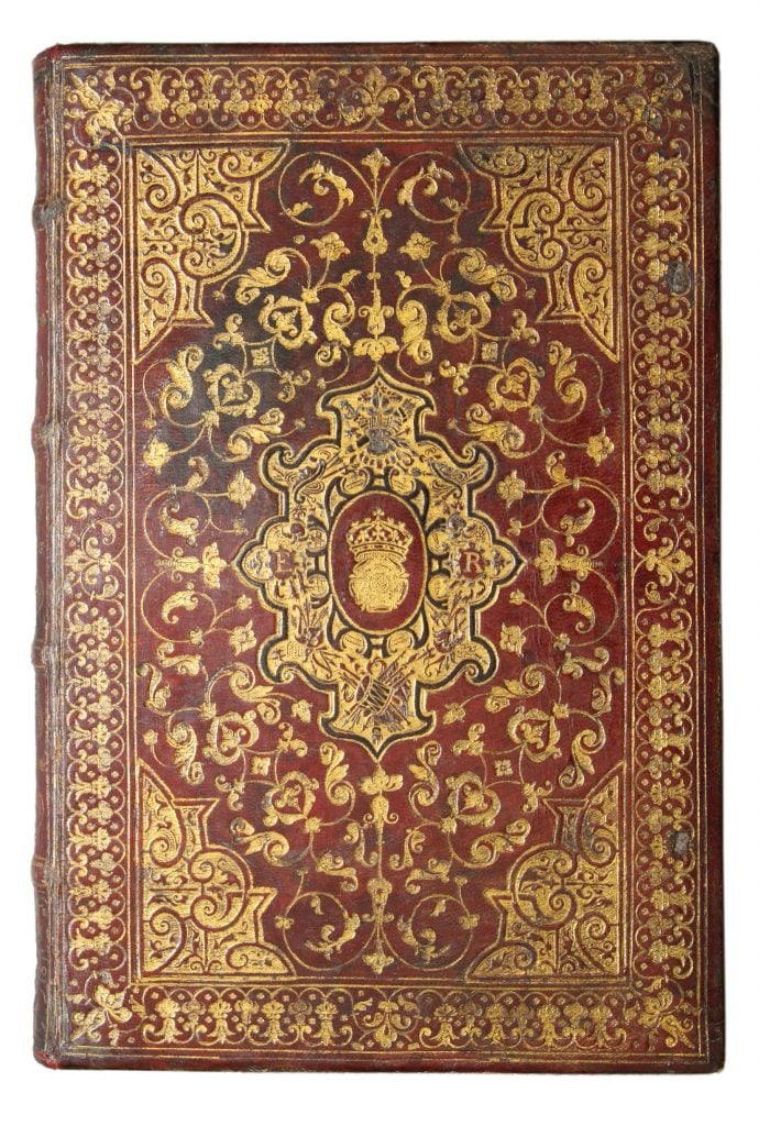 Binding of Archbishop Parker for Elizabeth I with her crest on the cover.  Private collection.  Photo courtesy of Sotheby's London. 