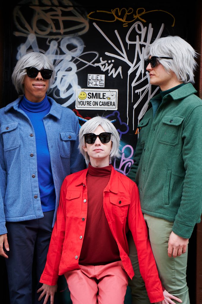 Kyle Starling, Brandon P. Raines, and Jake Malavsky from the cast of <em>Chasing Andy Warhol</em> by Mara Lieberman. Photo by Jenny Anderson.