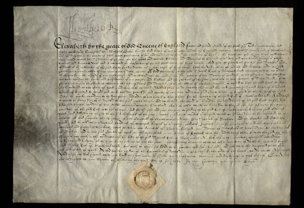 Commission to the Lord Keeper of the Great Seal to write writs of execution for the 7th Earl of Northumberland, 20 July 1572. Duke of Northumberland Archives, Alnwick Castle.  Photo courtesy of Sotheby's London. 