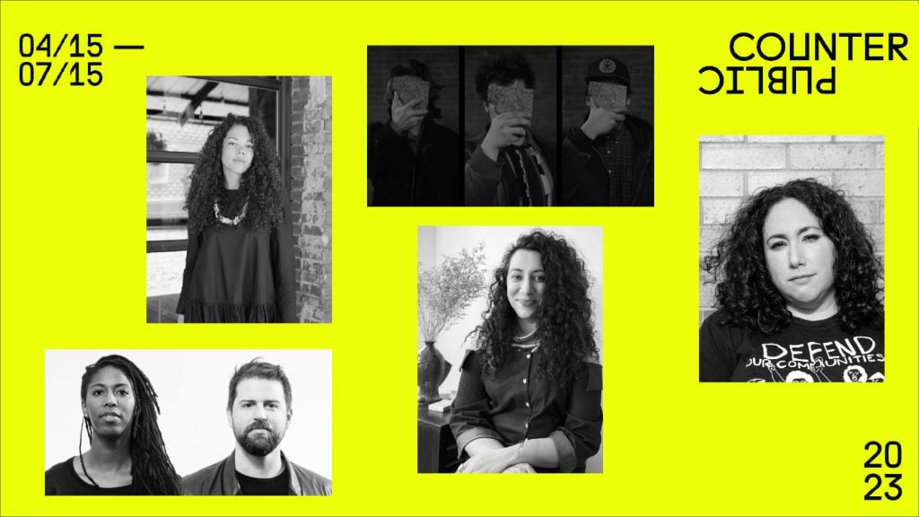 The curators of Counterpublic's second edition, set for May 15 to August 15 of 2023. Clockwise from top left: Allison Glenn, New Red Order, Risa Puleo, Diya Vij, and Dream the Combine.