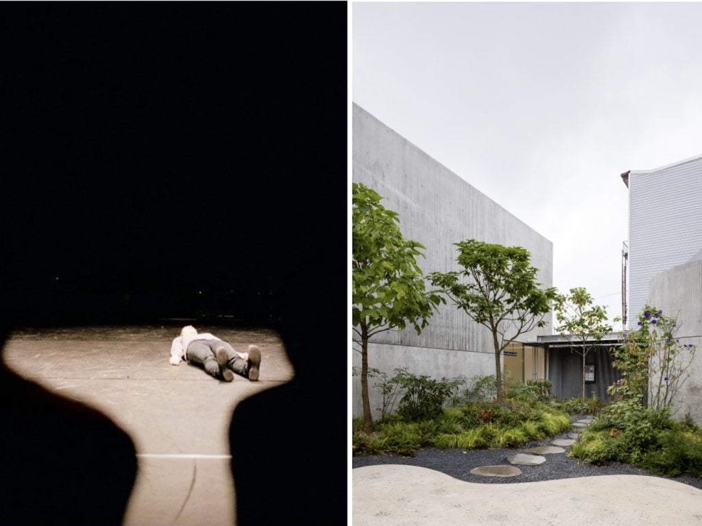 Left: Mette Edvardsen, Black, 2011. Photo: Elly Clarke. Right: Amant, Géza performance space exterior and courtyard at 306 Maujer Street, Brooklyn. Photo: Rafael Gamo. Courtesy SO–IL.