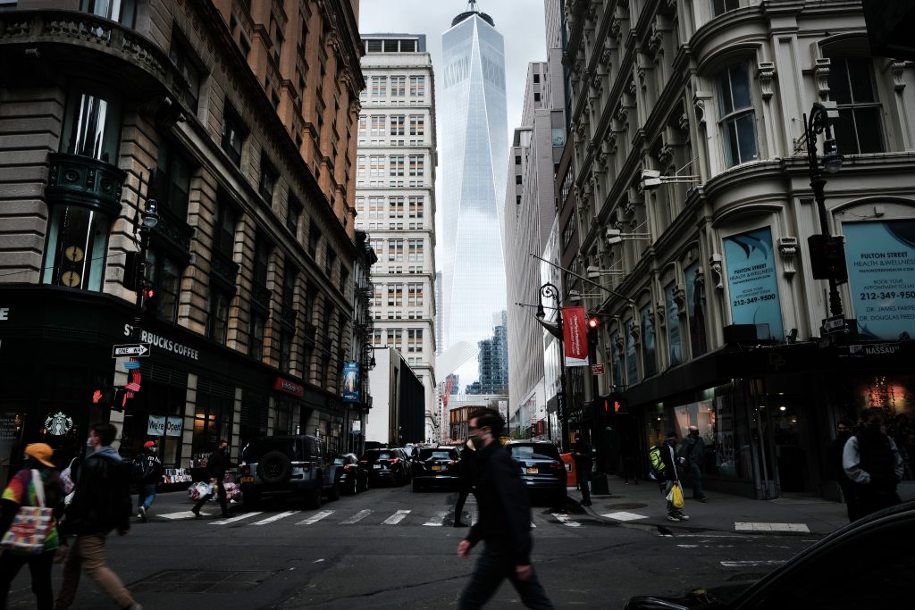 A view of sparsely populated lower Manhattan in April 2021. Over 17 percent of Manhattan’s office space was vacant or about to become so in March 2021. (Photo by Spencer Platt/Getty Images)