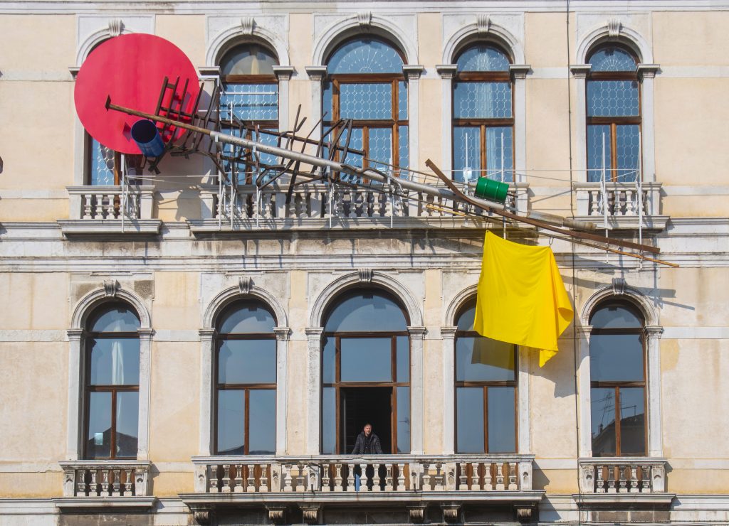 Sterling Ruby's HEX on the façade of Palazzo Diedo, the home of Berggruen Arts & Culture, and the first phase of “A Project in Four Acts,” during the opening week of the 59th Biennale Arte on April 20, 2022 in Venice, Italy. (Photo by Simone Padovani/Awakening/Getty Images for Berggruen Arts & Culture)