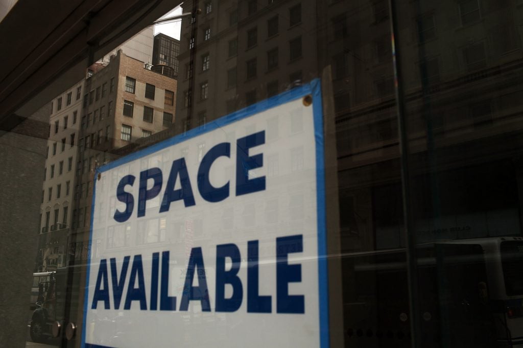 A sign advertising available retail space in New York's Financial District. (Photo by Spencer Platt/Getty Images)