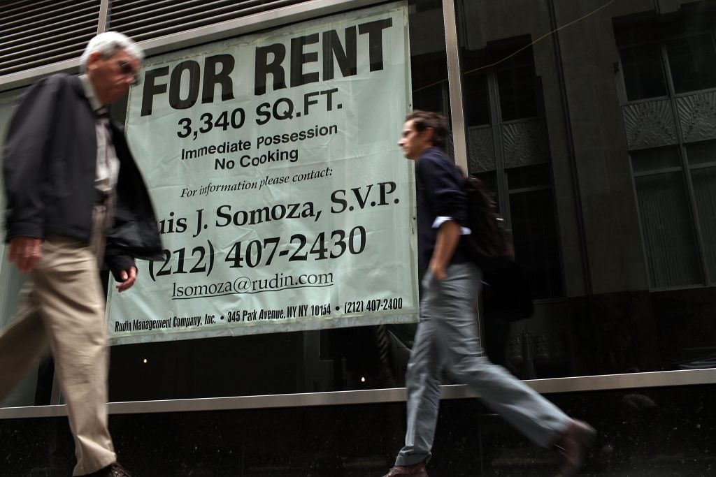 A sign advertising retail space for rent in New York's Financial District. (Photo by Spencer Platt/Getty Images)