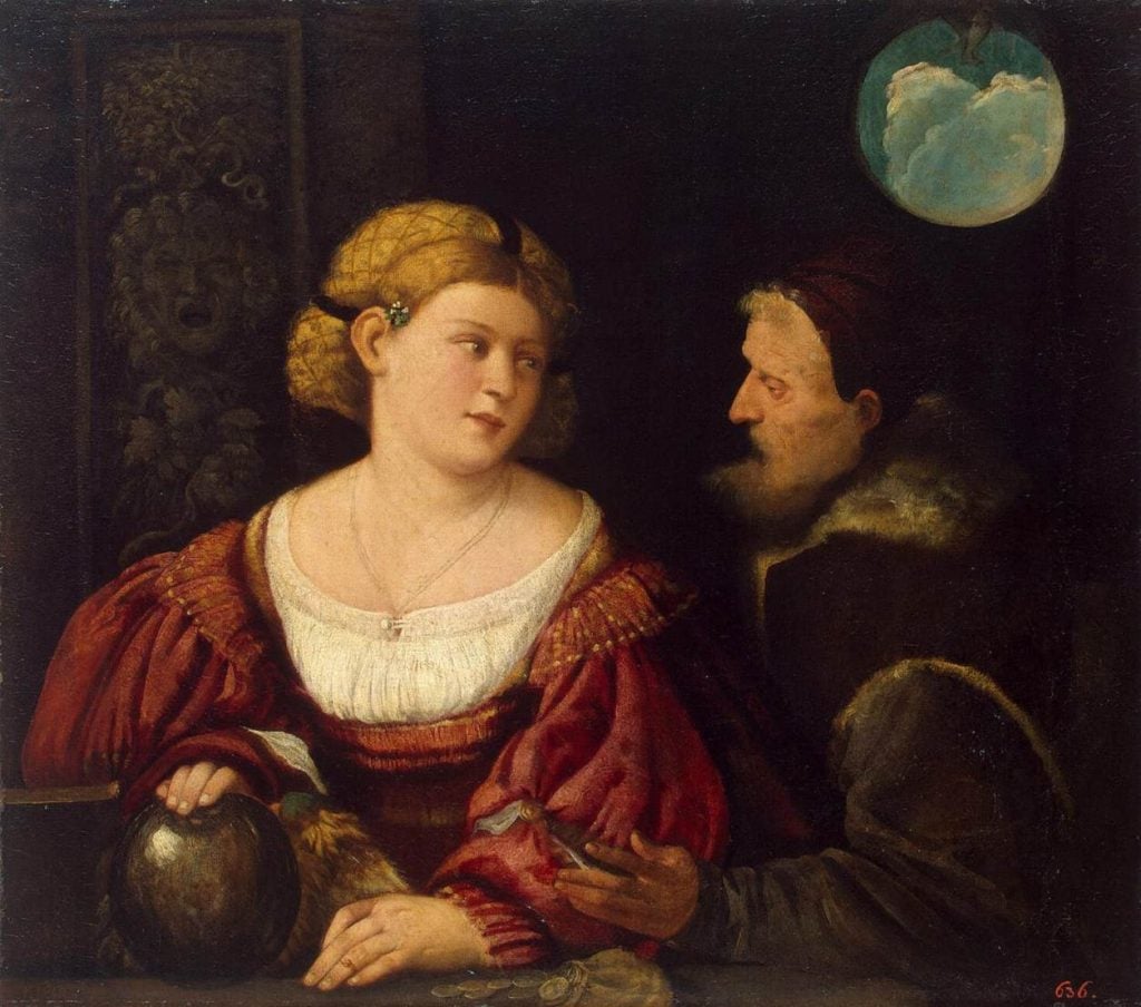 Giovanni Cariani, <em>Giovane donna con vecchio di profilo</em> (ca. 1516–18). Collection of the Hermitage Museum, Saint Petersburg, Russia. 