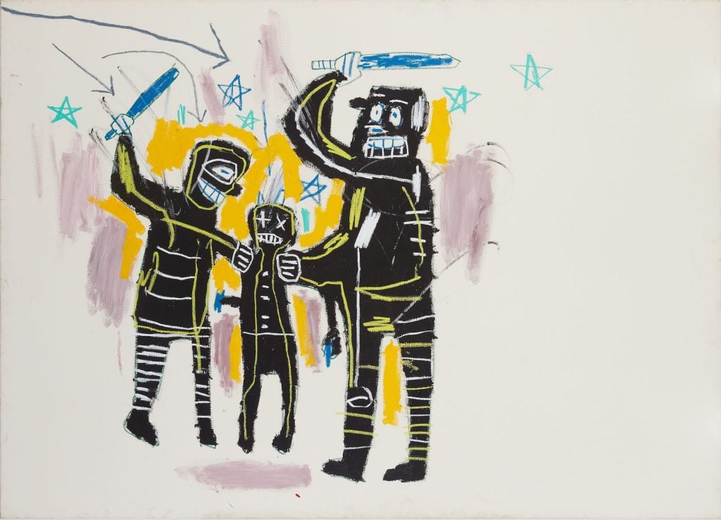 ז'אן מישל בסקיאט, <em>Prison birds</em> (1983).  Image courtesy of Jean-Michel Basquiat’s estate, licensed by Artster, New York. “Width =” 1024 “height =” 738 “srcset =” https://news.artnet.com/app/news-upload/2022/04/ Jean-Michel-Basquiat-Jailbirds-1983.- © -The-Estate-of-Jean-Michel-Basquiat-1024×738.jpeg 1024w, https://news.artnet.com/app/news-upload/2022/04/ Jean-Michel-Basquiat-Jailbirds-1983.- © -The-Estate-of-Jean-Michel-Basquiat-300×216.jpeg 300w, https://news.artnet.com/app/news-upload/2022/04/ Jean-Michel-Basquiat-Jailbirds-1983.- © -The-Estate-of-Jean-Michel-Basquiat-50×36.jpeg 50w “sizes =” (max-width: 1024px) 100vw, 1024px “/></p>
<p class=