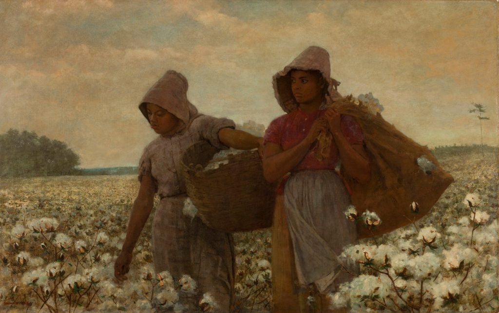 Winslow Homer, The Cotton Pickers, (1876). Los Angeles County Museum of Art, Acquisition made possible through Museum Trustees: Robert O. Anderson, R. Stanton Avery, B. Gerald Cantor, Edward W. Carter, Justin Dart, Charles E. Ducommun, Camilla Chandler Frost, Julian Ganz, Jr., Dr. Armand Hammer, Harry Lenart, Dr. Franklin D. Murphy, Mrs. Joan Palevsky, Richard E. Sherwood, Maynard J. Toll, and Hal B. Wallis (M.77.68). Credit: Digital Image © 2021 Museum Associates / LACMA. Licensed by Art Resource, NY
