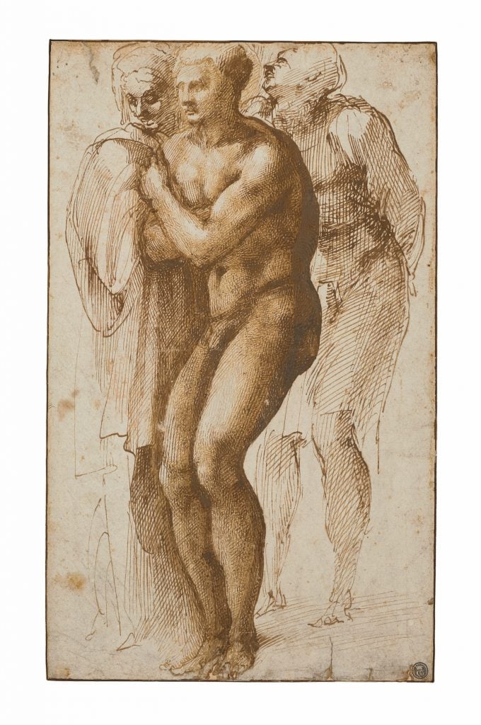 Michelangelo Buonarroti, A nude young man (after Masaccio) surrounded by two figures. Courtesy Christie's Images Ltd. 2022.