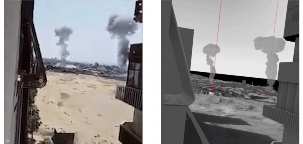 Forensic Architecture, <em>Living Archaeology in Gaza</em>. Smartphone clip filmed by Palestinians during the 2018 Israeli military incursion, shows bombs landing on the surface above the site. Image from Shehab News Agency Twitter (@ShehabAgency). The bomb clouds shown in the smartphone clip placed within a 3-D model. Courtesy of Forensic Architecture. 