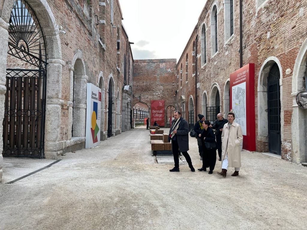 The pavilion team in the Arsenale di Venezia in late March, where the Ukrainian pavilion will be installed. As Lanko drove to Venice, she received a call from Tecnolegno Allstimenti, a Milan-based firm, offering help with outstanding production of the work. Photo: Iryna Miroshnikva.