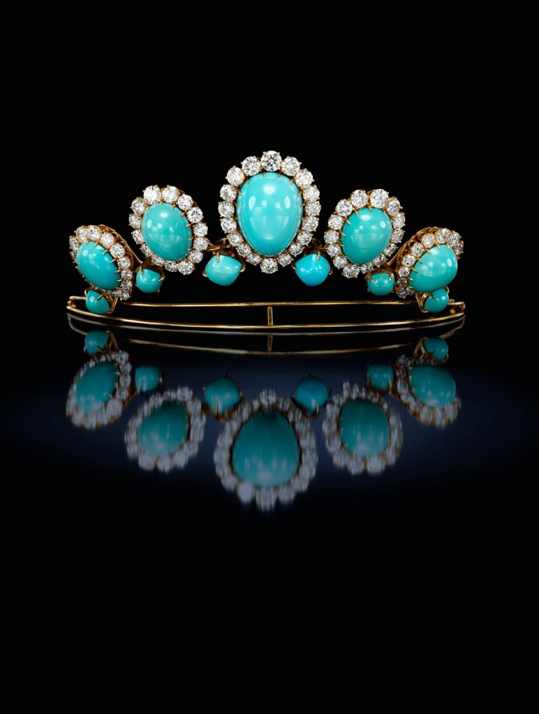 Van Cleef and Arpels, tiara, necklace and earrings in turquoise and diamonds (1960s).  Photo courtesy of Sotheby's London. 
