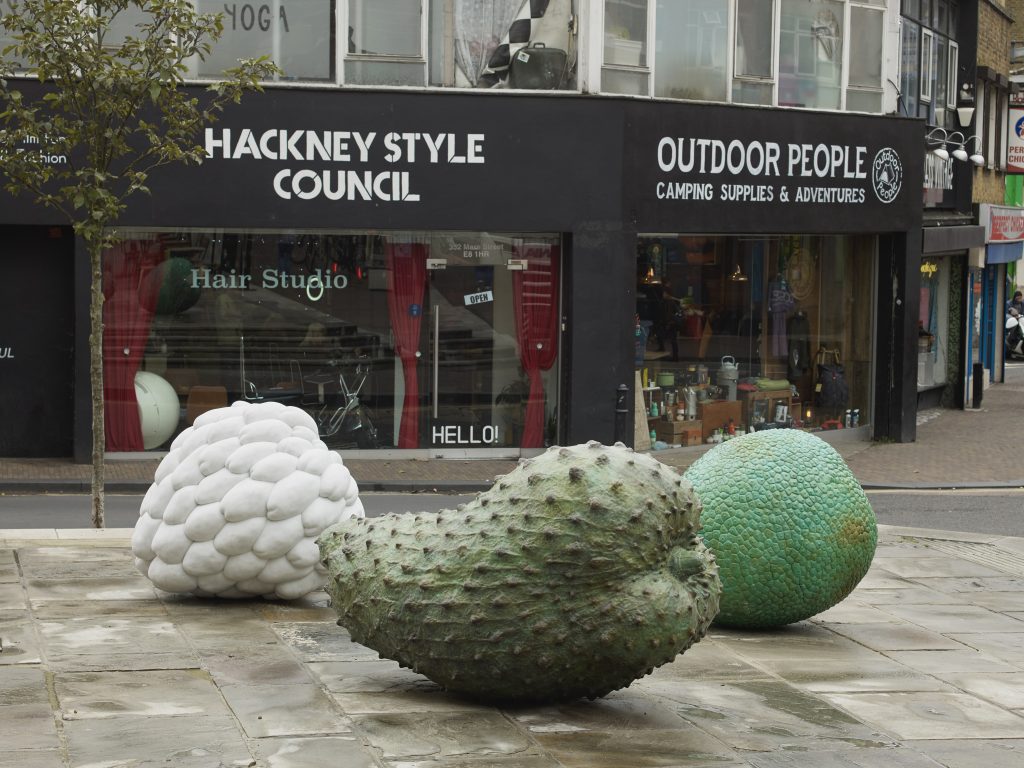 Veronica Ryan OBE, Custard Apple (Annonaceae), Breadfruit (Moraceae), and Soursop (Annonaceae), 2021. Commissioned by Hackney Council; curated and produced by Create London. Photo: Andy Keate. Courtesy the artist, Paula Cooper Gallery, New York, and Alison Jacques, London.