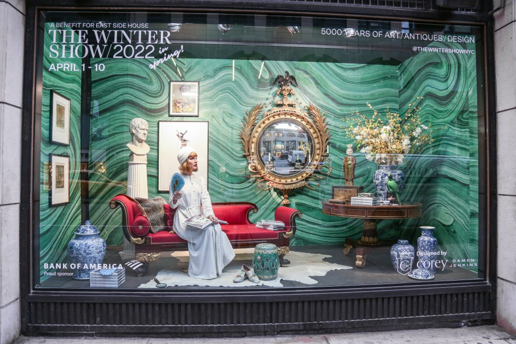 A window at the old Barney's department store for the Winter Show, designed by Corey Damen Jenkins. Photo by Simon Cherry, courtesy of the Winter Show.