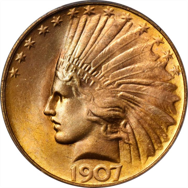 Augustus Saint-Gaudens, 1907 Indian Eagle coin, Rounded Rim (recto). This version of the coin was accidentally put into production, with only 40 saved by the United States Mint. It sold for $1.14 million at Stack's Bowers Galleries. Photo courtesy of Stack's Bowers Galleries, Costa Mesa, California.