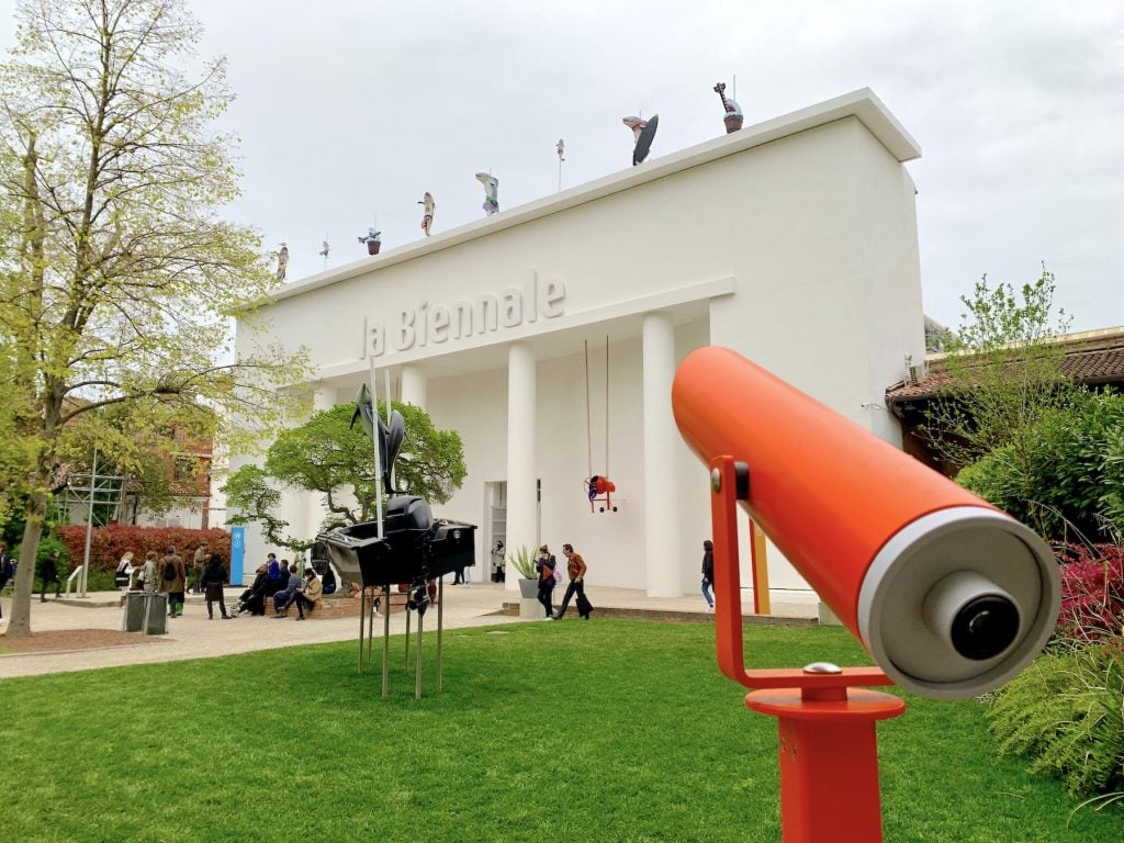 Telescope pointed at the Central Pavilion as part of a work by Cosima von Bonin for "The Milk of Dreams." Photo by Ben Davis.