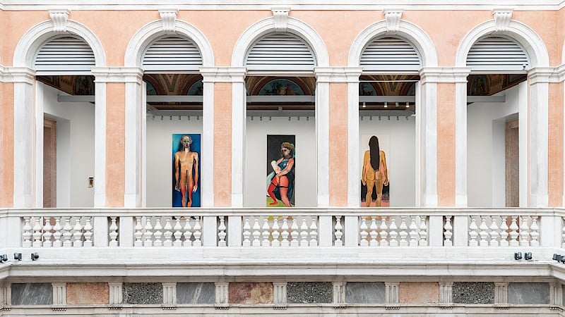 Installation view of "Marlene Dumas: Open-End," at Palazzo Grassi, 2022. From left to right: Alien (2017), Pinault Collection; Spring (2017), private collection, courtesy of David Zwirner; and Amazon (2016), private collection, Switzerland. Photo: Marco Cappelletti with Filippo Rossi, © Palazzo Grassi, © Marlene Dumas.