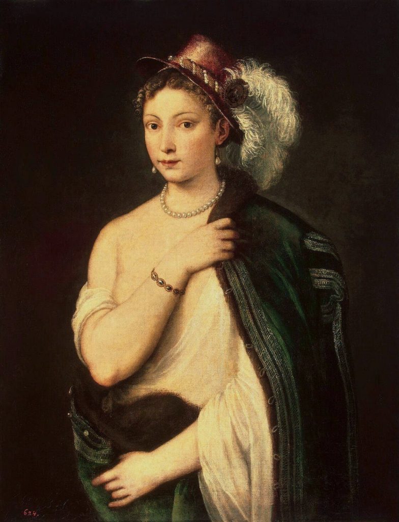 Titian, Young Woman with Feather Hat (ca. 1536). Collection of the Hermitage Museum, Saint Petersburg, Russia.