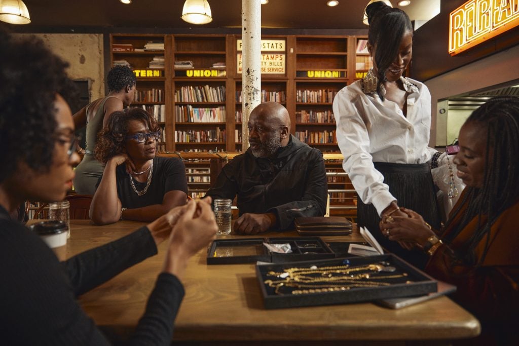 Artist Theaster Gates with Dorchester Industries Experimental Design Lab nominator Toni Griffin and awardees Kenturah Davis, Kendall Reynolds, and Catherine Sarr in Chicago. Photo: Chris Strong.