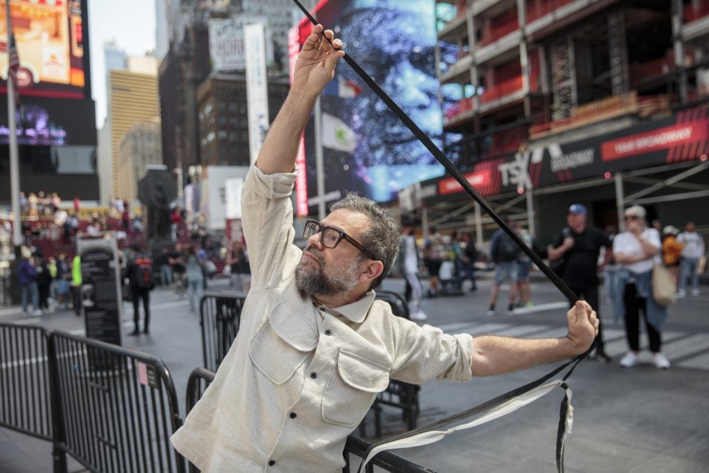Pedro Reyes presents <em>ZERO NUKES</em> (2020) in Times Square. Photo courtesy of Times Square Arts. 