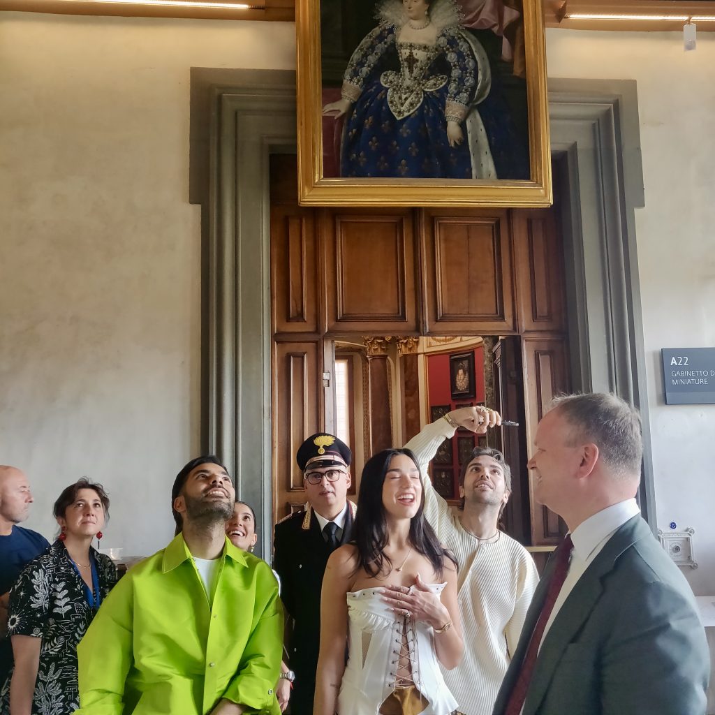 Museum director Eike Schmidt leads a tour of the Uffizi Galleries for pop star Dua Lipa. Courtesy the Uffizi Galleries