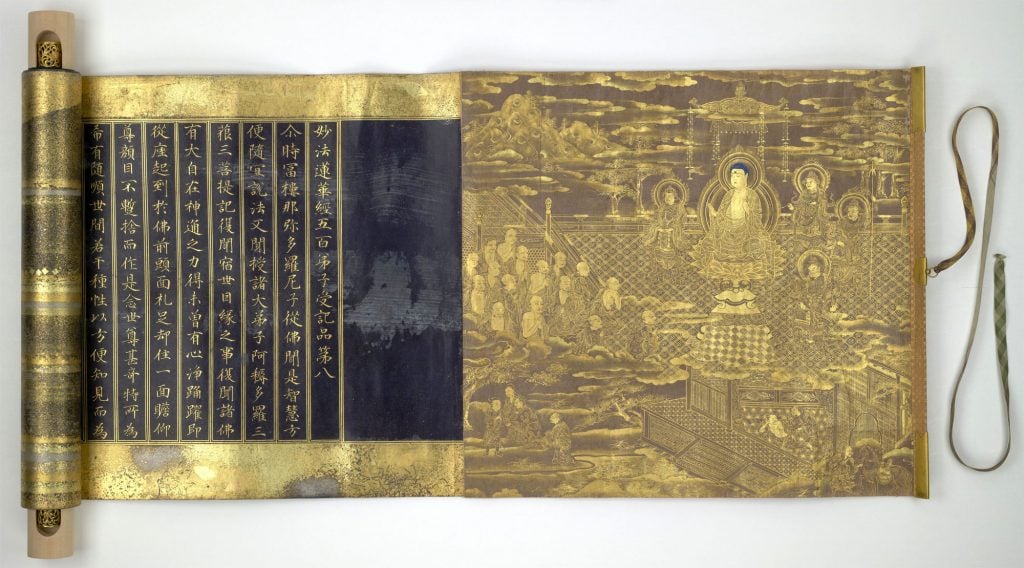 A rare copy of the Lotus Sutra in a lavishly decorated scroll with gold and silver ink, Japan (ca. 1636). Courtesy of the British Library.