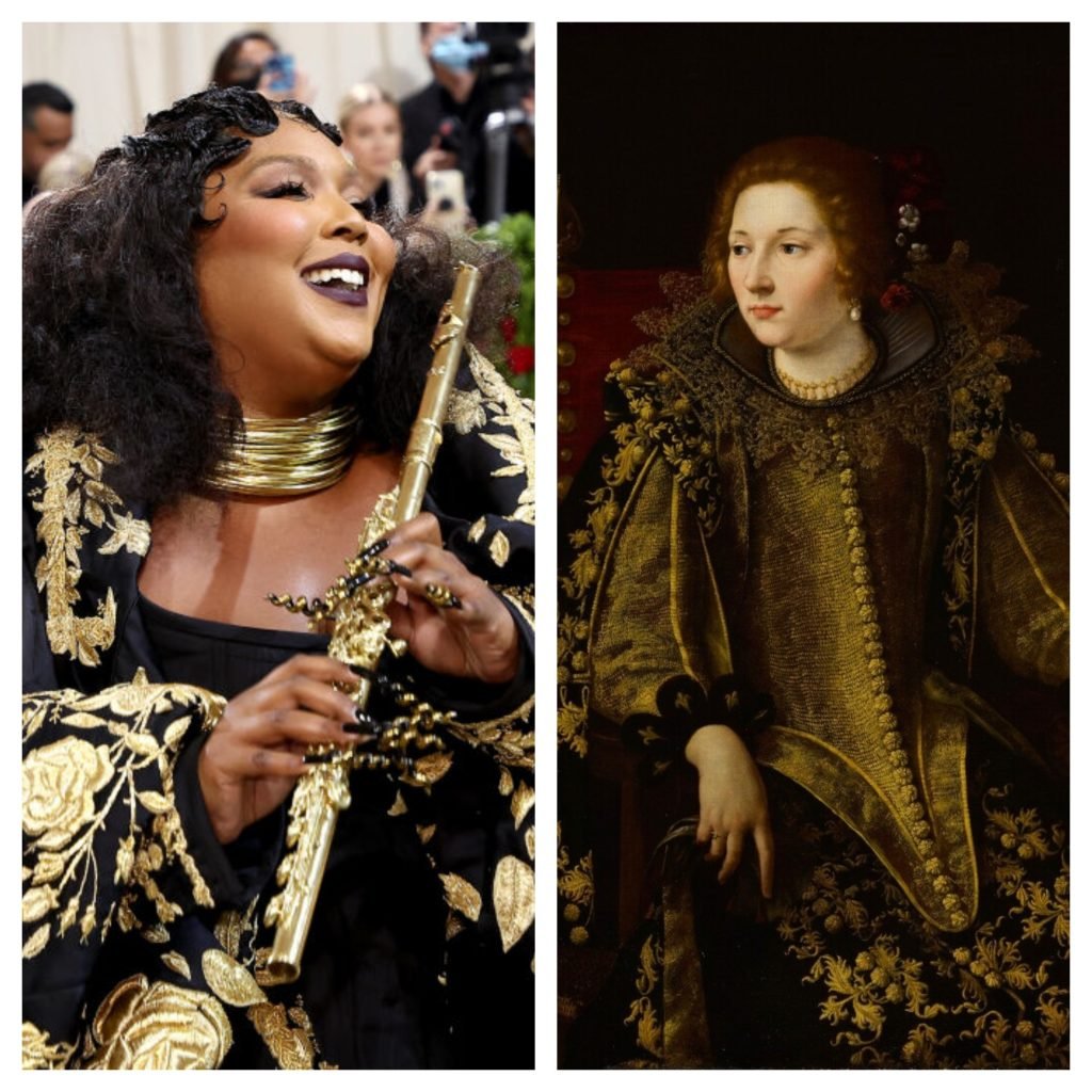 Left: Lizzo arrives at the Met Gala, 2022 in New York City. Photograph by Arturo Holmes/MG22/Getty Images for The Met Museum/Vogue. Right: Artemisia Gentileschi, Portrait of a seated lady, three-quarter-length, in an elaborate and gold-embroidered costume, possibly Caterina Savelli, Principessa di Albano.