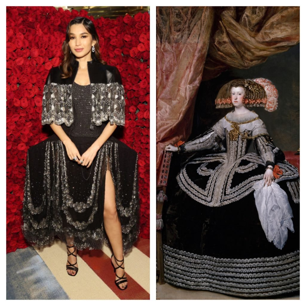 Left: Gemma Chan attends the Met Gala, 2022. Right: Diego Velázquez, Queen Mariana of Austria (1652).