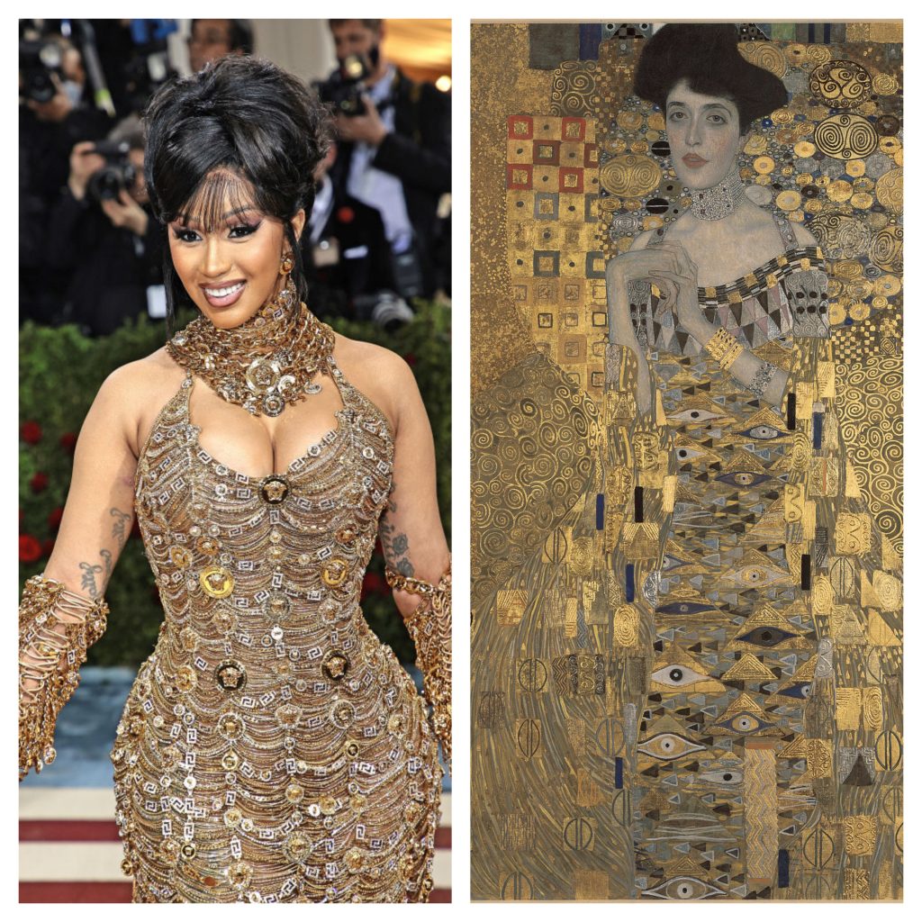 Left: Cardi B arrives at the Met Gala, 2022. Photograph by Dimitrios Kambouris/Getty Images. Right: Gustav Klimt, Portrait of Adele Bloch-Bauer I (1907). 