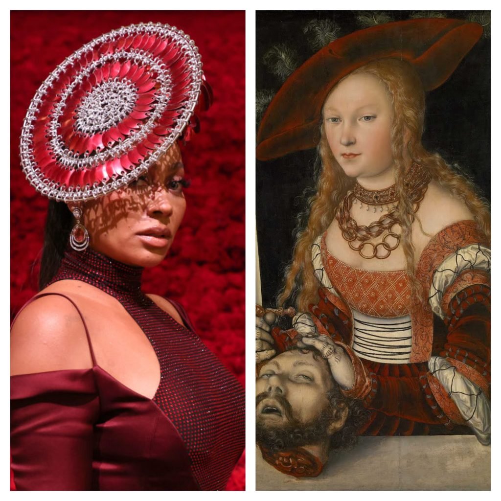 Left: La La Anthony attends The 2022 Met Gala Celebrating "In America: An Anthology of Fashion" at The Metropolitan Museum of Art on May 02, 2022 in New York City. Photo by Cindy Ord/MG22/Getty Images for The Met Museum/Vogue. Right: Judith with the Head of Holofernes Lucas Cranach the Elder (1520/1540)