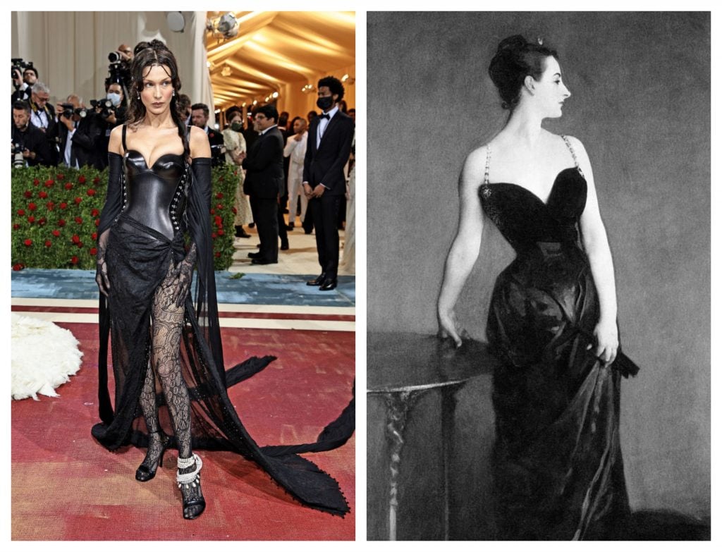 Left: Bella Hadid (Dimitrios Kambouris/Getty Images for The Met Museum/Vogue via Getty Images). Right: John Singer Sargent, <em>Madame X</em> (Getty Images).