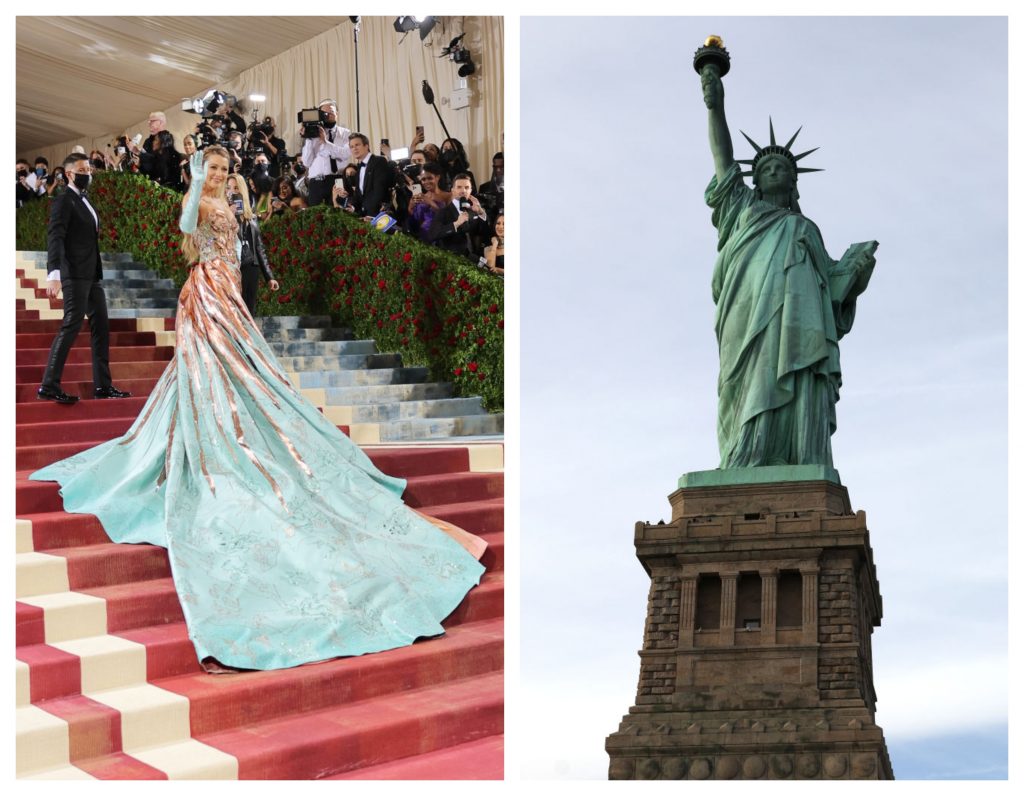 Left: Blake Lively (Mike Coppola/Getty Images). Right: Lady Liberty (Patrick Smith/Getty Images).