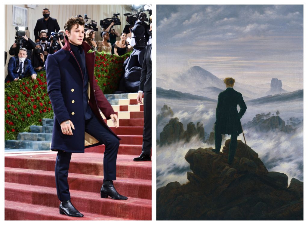 Left: Shawn Mendes (Jamie McCarthy/Getty Images). Right: <span style="font-weight: 400;">Caspar David Friedrich,</span> <span style="font-weight: 400;"><em>Wanderer above the Sea of Fog</em></span><i><span style="font-weight: 400;"> </span></i>(Fine Art Images/Heritage Images via Getty Images).
