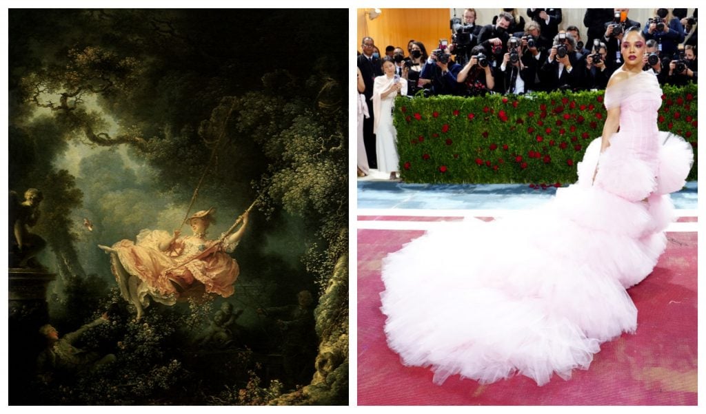Left: <span style="font-weight: 400;">Jean-Honoré Fragonard’s, </span><i><span style="font-weight: 400;">The Swing</span></i> (Picturenow/Universal Images Group via Getty Images). Right: Tessa Thompson (Jeff Kravitz/FilmMagic via Getty Images).