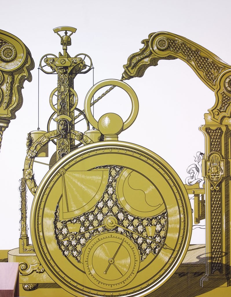 A detail of Pablo Bronstein's Scenic Wallpaper with Important Machinery of the 18th Century. Courtesy of Breguet.