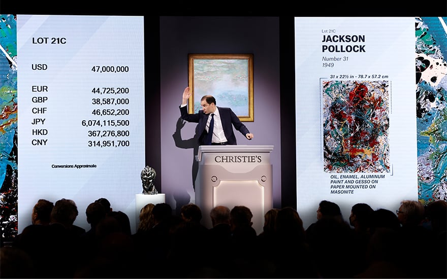 Auctioneer Adrien Meyer selling Jackson Pollock's Number 31 (1949) Image courtesy Christie's.