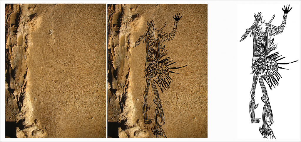 Anthropomorph in regalia (1.81m tall) from 19th Unnamed Cave, Alabama (photograph by S. Alvarez; illustration by J. Simek).