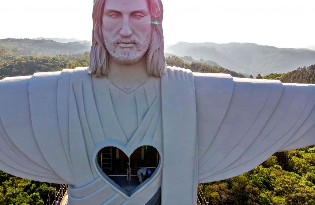 View of the Christ the Protector statue under construction in Encantado, Rio Grande do Sul state, Brazil, on October 29, 2021. Photo by Silvio Avila/AFP via Getty Images.