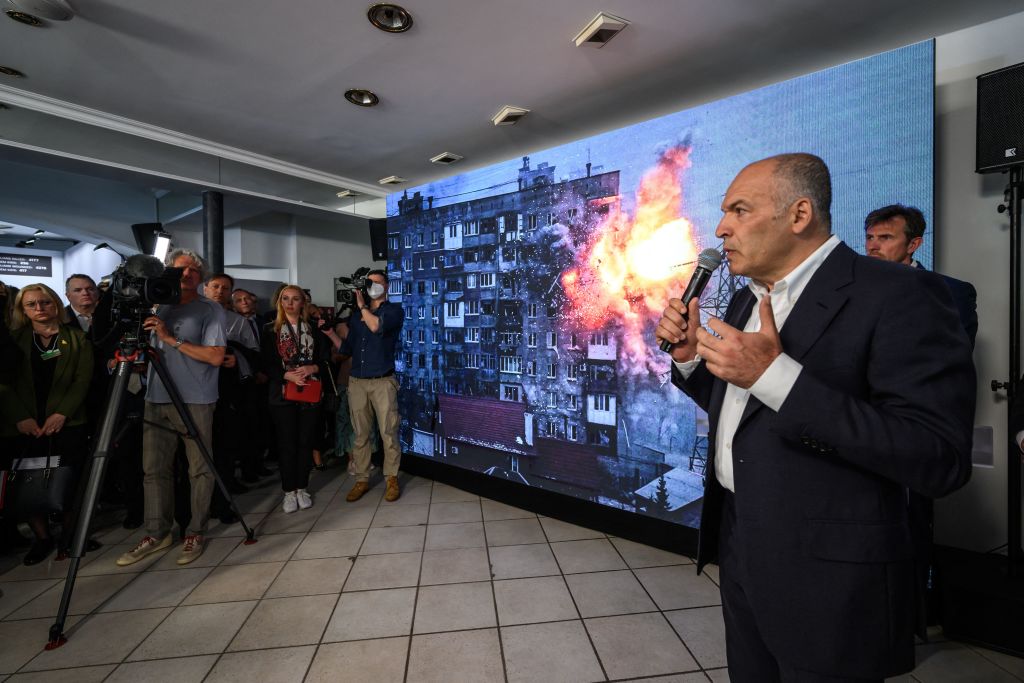 Ukrainian businessman and oligarch Victor Pinchuk delivers a speech at the opening ceremony of the "Russian Warcrimes House" during the World Economic Forum (WEF) annual meeting in Davos on May 23, 2022. Photo by Fabrice Coffrini/AFP via Getty Images.