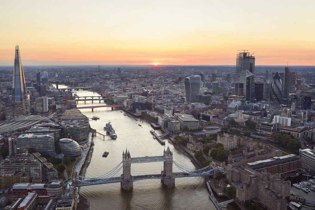 Sunset view from east with Tower Bridge. View Pictures/Hufton+Crow/Universal Images Group via Getty Images