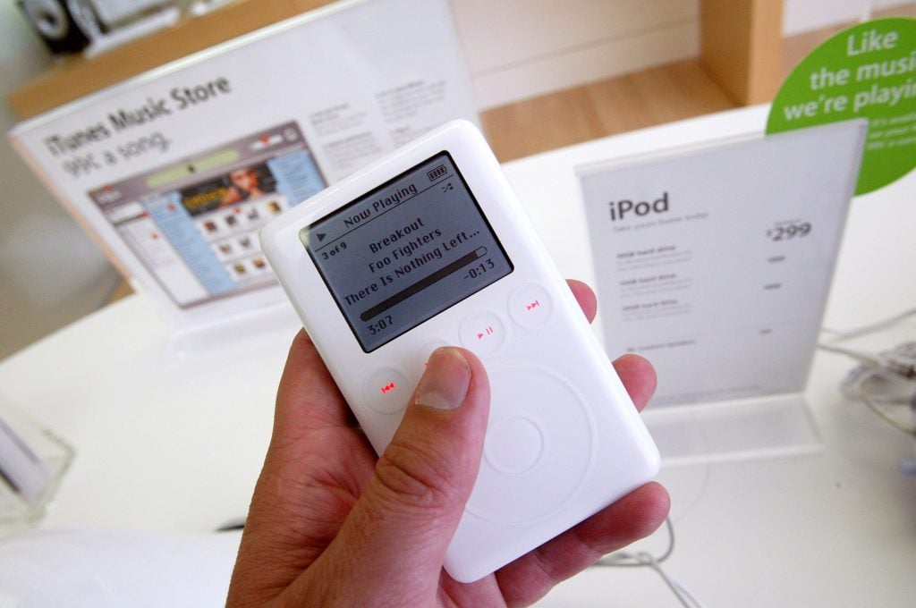 A 2003 model of the iPod, the game-changing product line that Apple retired in 2022. (Photo by Justin Sullivan/Getty Images)