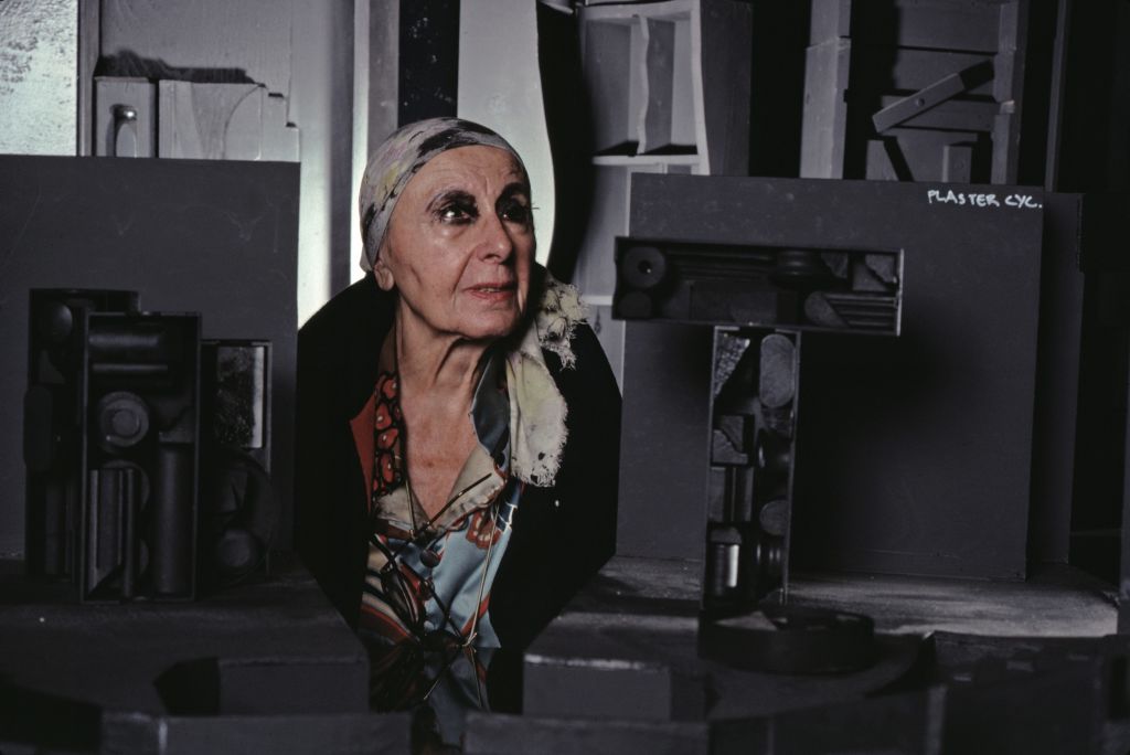 Sculptor Louise Nevelson photographed in her New York City studio in 1983. Photo by Jack Mitchell/Getty Images.