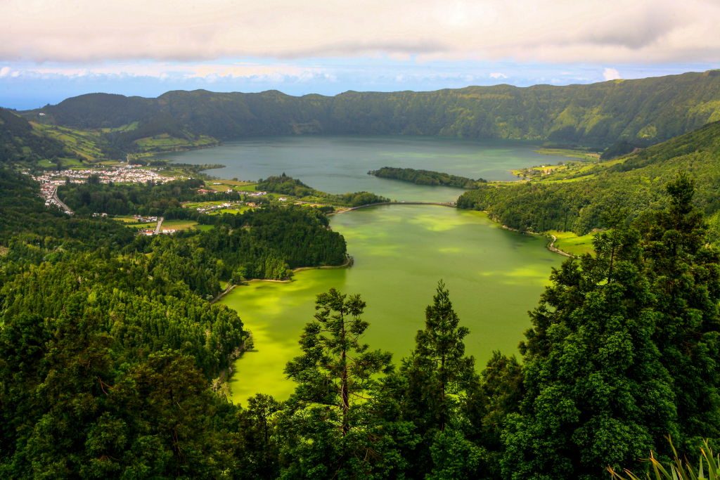 A view of Sete Cidades on São Miguel, which has two caldera lakes. (Photo by Eric BERACASSAT/Gamma-Rapho via Getty Images)