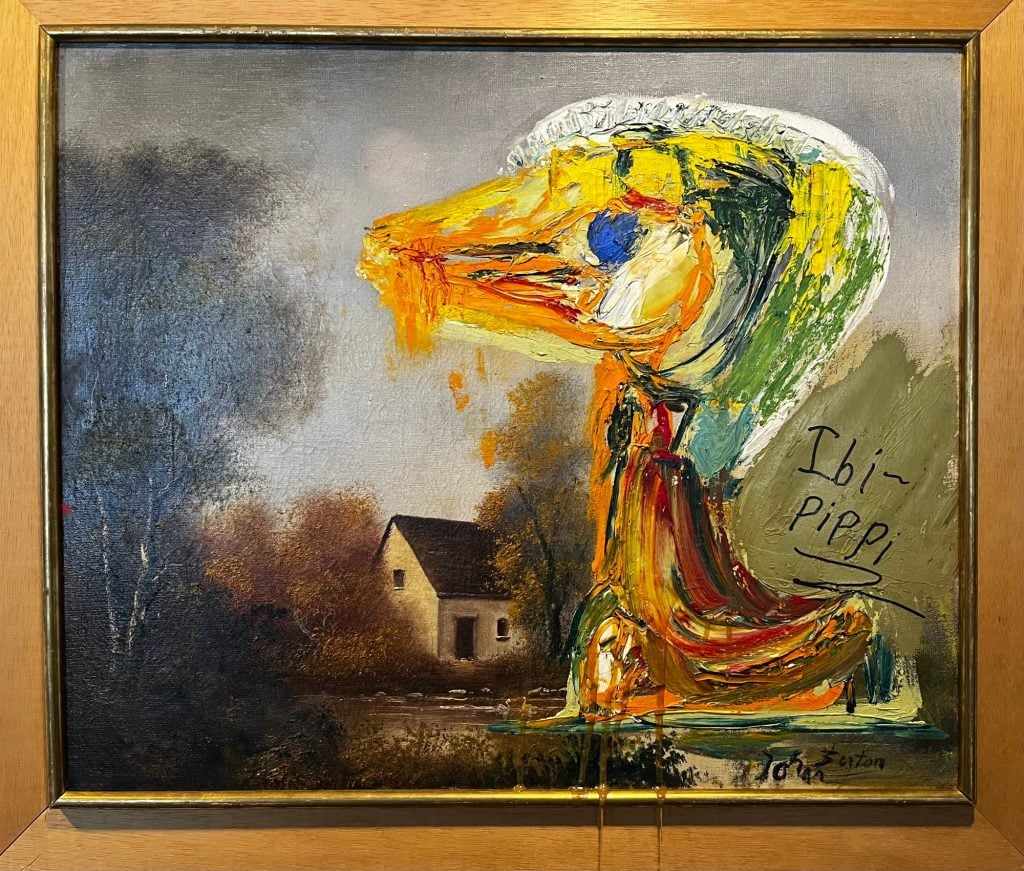 Asger Jorn's <i>The Disquieting Duckling</i> (1959) after it was vandalised by Ibi-Pippi Orup Hedegaard on April 29. Ibi-Pippi signed her name in black permanent marker. Courtesy of Museum Jorn.