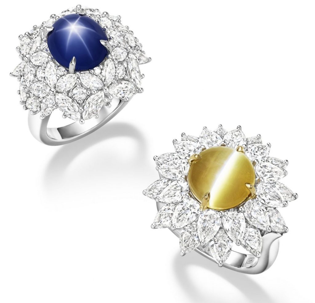 Ringmaster: The Star Sapphire ring at left has a star-sapphire oval cabochon and diamonds set in Platinum; the one at right features a cats-eye cabochon chrysoberyl and diamonds set in platinum. Courtesy of Harry Winston.