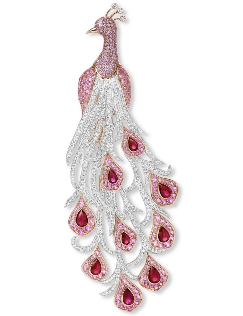Put a Bird on It: This Peacock brooch has rubies, pink sapphires, and pink diamonds set in platinum and 18k rose gold. Courtesy of Harry Winston.