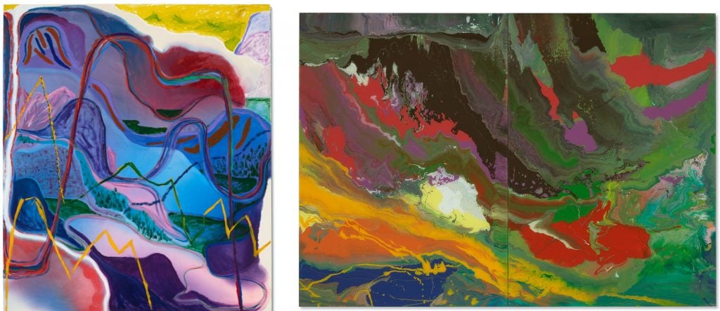 Left: Shara Hughes, Weeping Blur (2018). Courtesy Christie's Images Ltd. 2022. Right:Gerhard Richter, Flow (933-1) (2013). Courtesy Christie's Images Ltd. 2022.