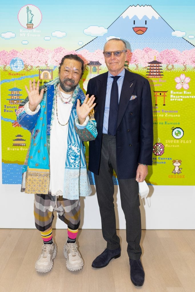 Takashi Murakami with Gagosian COO Andrew Fabricant at the opening of "An Arrow Through History." Courtesy of the artist and Gagosian. Photo: Yvonne Tnt.