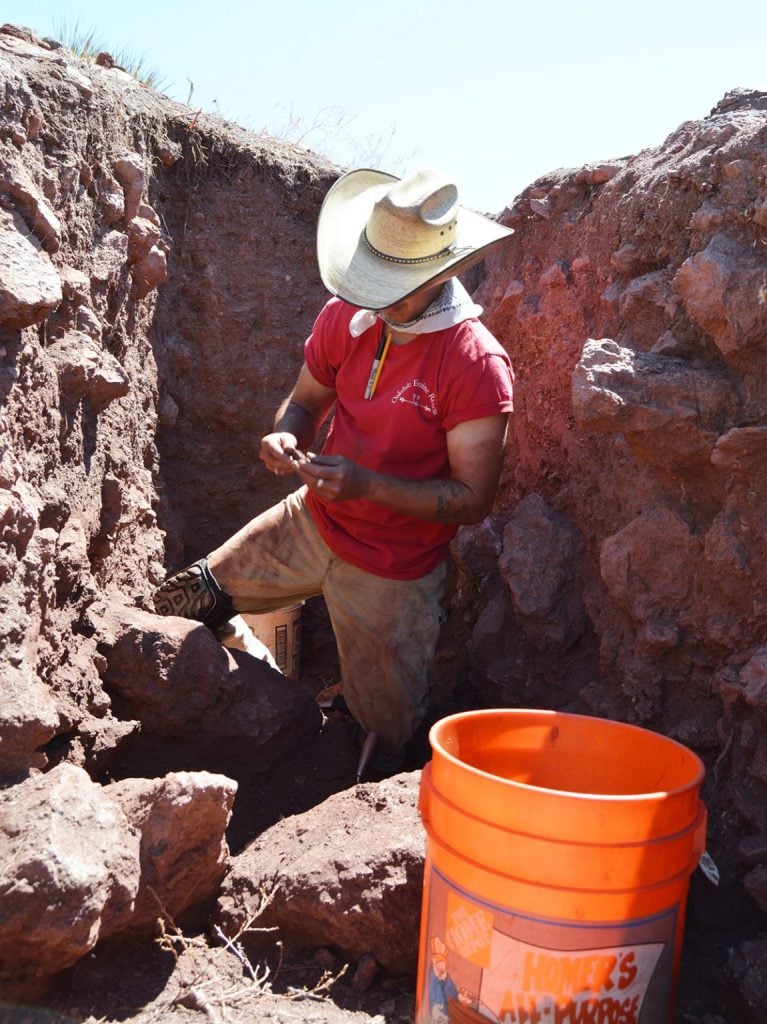 University of Wyoming PhD student Chase Mahan at the excavation of the Powars II archaeological site in 2020. Photo by Spencer Pelton, courtesy of the University of Wyoming.